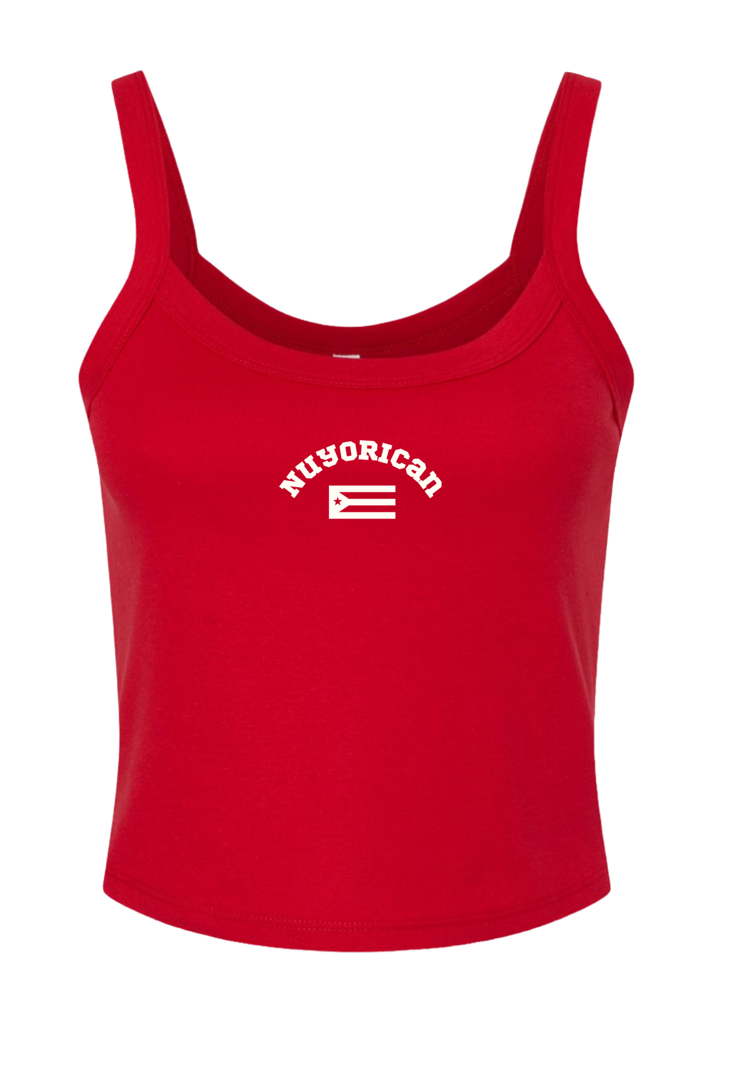 White tank top with the word 'Nuyorican' printed in black above a stylized black and white Puerto Rican flag in the center of the chest.