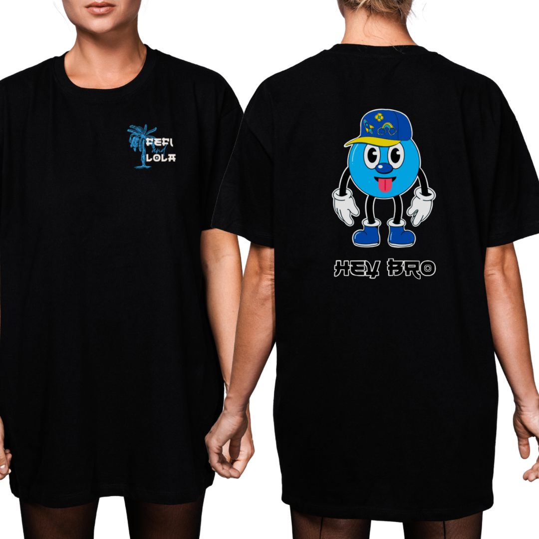 Black T-shirt featuring a small ‘Fefi and Lola’ logo on the front left chest and a large, colorful graphic of a goofy cartoon character wearing a hat, gloves, and sneakers with the phrase ‘Hey Bro’ on the back