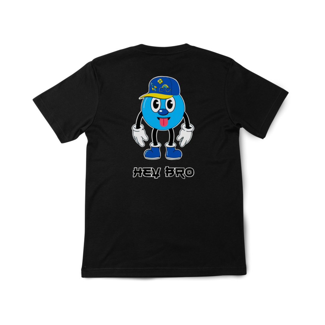 Black T-shirt featuring a small ‘Fefi and Lola’ logo on the front left chest and a large, colorful graphic of a goofy cartoon character wearing a hat, gloves, and sneakers with the phrase ‘Hey Bro’ on the back
