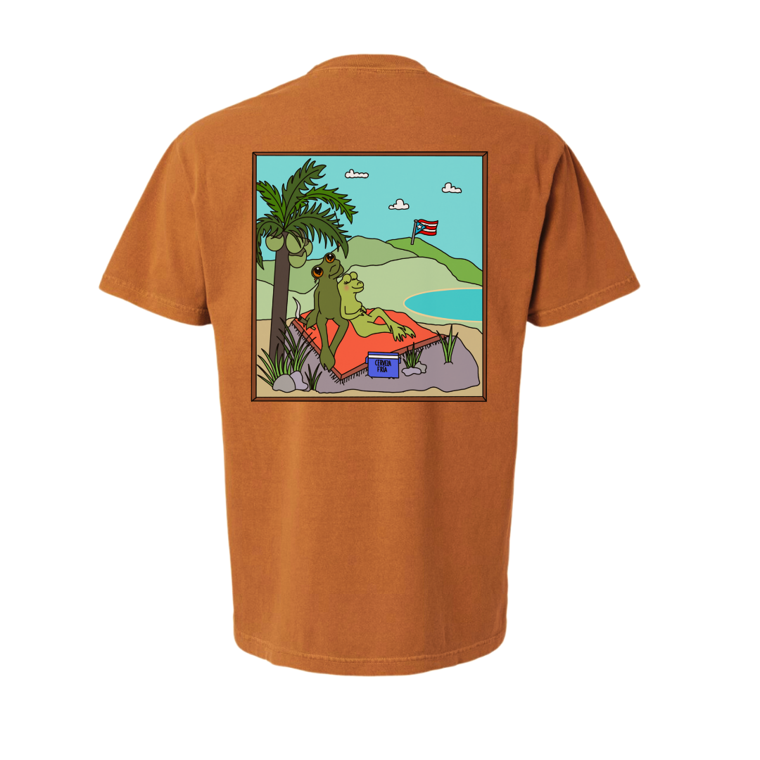 Brown T-shirt featuring a colorful graphic design of two coquí frogs having a picnic on a rock by the beach in Puerto Rico, with a palm tree, sand, ocean, and the Puerto Rican flag in the background.